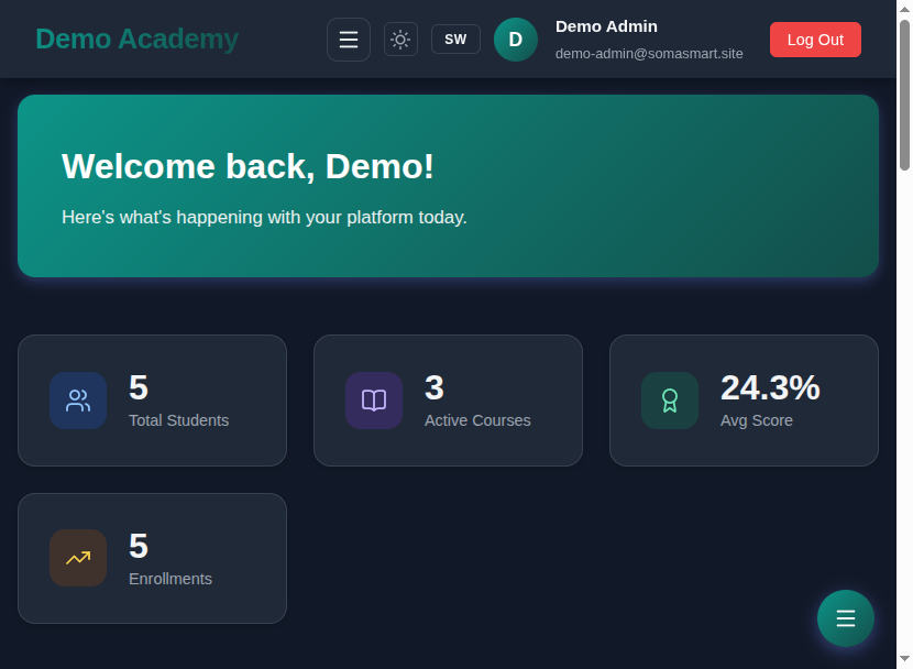 SomaSmart admin dashboard showing school overview stats and welcome banner